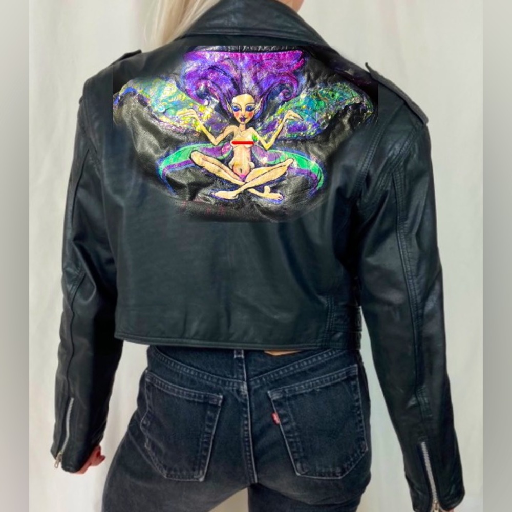 Vtg Custom “Fairy” Contempo Casuals cropped leather moto jacket 90’s teen goth